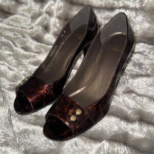 Stuart Weitzman Brown Tortoise Shell Patent Leather Peep Toe Heels Size 7.5M